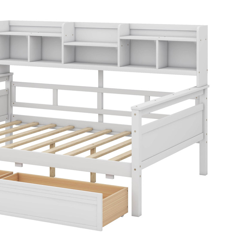 Full Size Daybed, Wood Slat Support, With Bedside Shelf And Two Drawers, Full, White