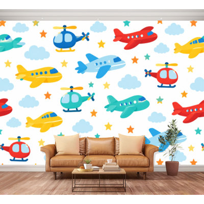 Wall Mural Peel and Stick Wallpaper Seamless for boy cartoon kids airplane Self-Adhesive Removable Contact Paper Wall Decor for Living Room Bedroom 100"H x 144"W