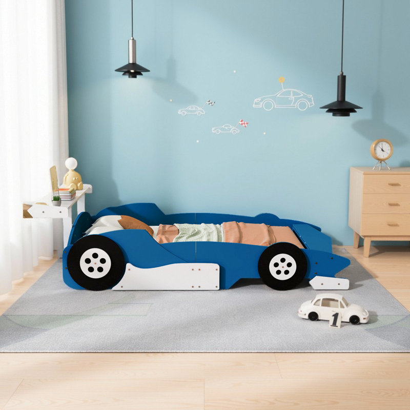 Kids Playful Design Race Car Theme Bed with Safety Guardrails, Blue, Full
