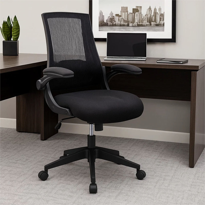 Chaise de travail roulante avec accoudoirs rabattables, filet noir, mécanisme d'inclinaison à ressort