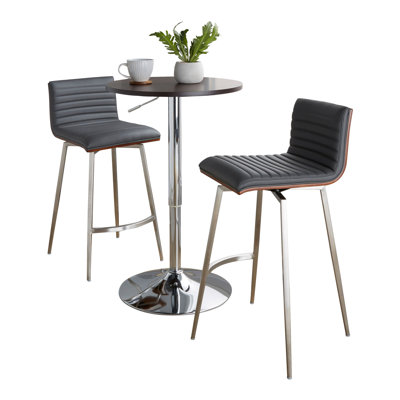 Ensemble de salle à manger pivotant de style Mid-Century moderne avec table ajustable en métal chromé, plateau en bois brun, acier inoxydable et similicuir gris - 3 pièces