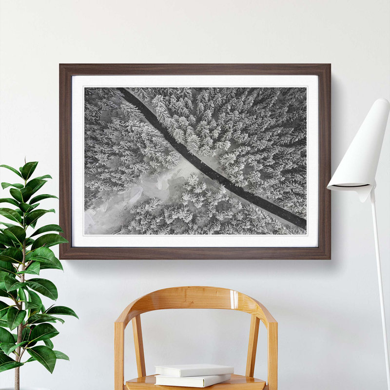Road Through the Winter Forest - Picture Frame Graphic Art Print, 35cm H x 50cm W x 2cm D, Walnut