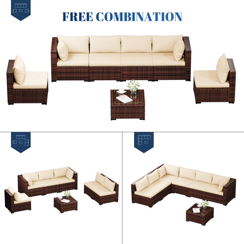 Ensemble de terrasses 8 pièces avec foyer Benboe, Structure brune / coussin kaki