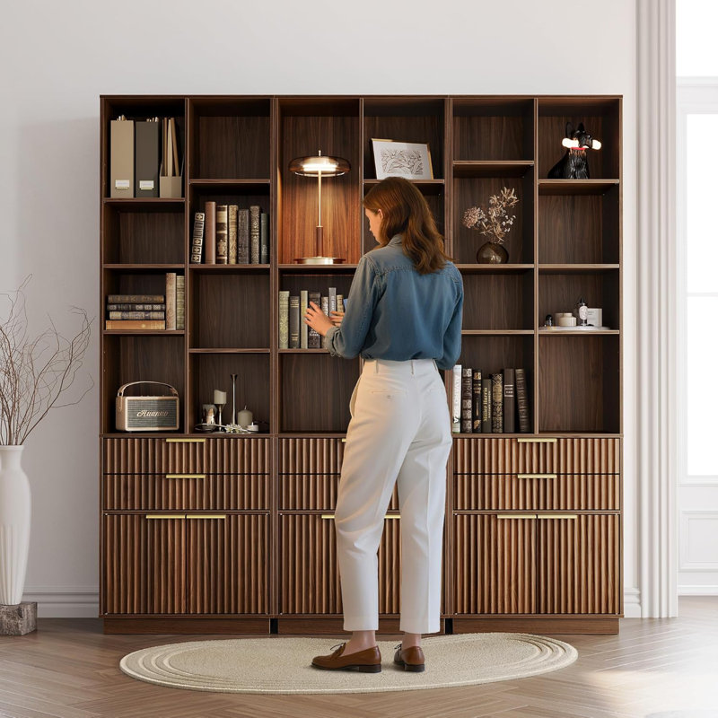 73'' H X 23.6'' W Tall Bookcase With 2 Drawers & Storage Cabinet, Walnut