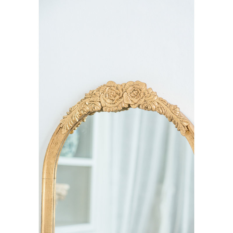 19"X56" Bedroom Bathroom Living Room Floor Mirror - Full Body Dressing Make Up Wood Reinforced Hook Golden, Exquisite Floral Adornments Intricate Ornaments