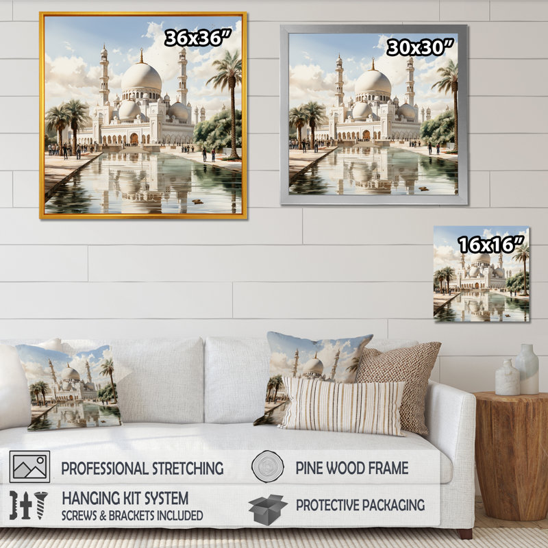 «White Elegance Sheik Zayed Mosque II» - art mural blanc, H 16 po x l 16 po x P 1 po, Cadre simple noir