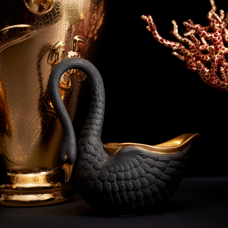 Swan Bowl, Black/Gold, 6.5" H x 4" W x 6.5" D