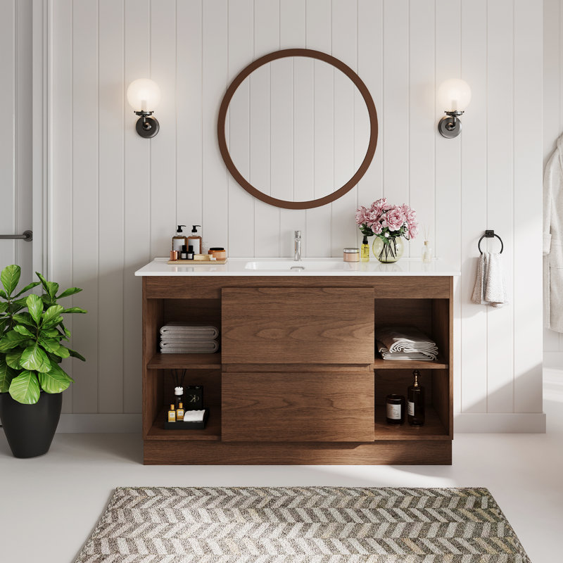 48" Mid Century Bathroom Vanities With Brown Wood Texture, White Ceramic Table Top, Brown