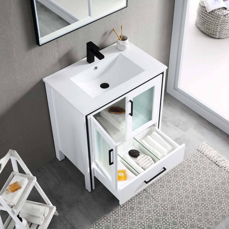 Meuble-lavabo simple 30 po avec lavabo, Blanc lustré