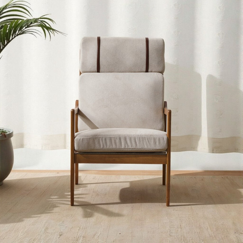 Fauteuil moderne à structure en bois - Design épuré avec coussins de soutien et sangles décoratives, Polyester gris