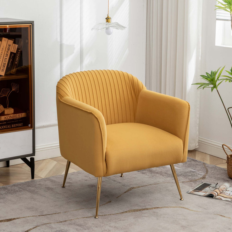 Fauteuil de chambre moderne en velours avec pieds en métal pour espaces compacts, Jaune moutarde