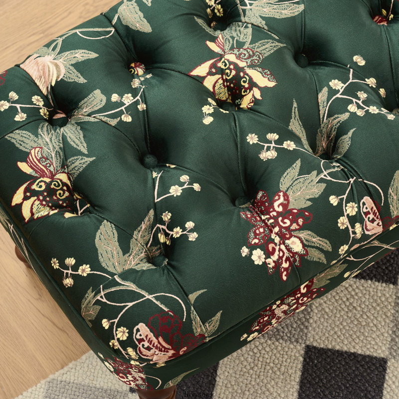 Fauteuil de style européen avec banquette capitonnée à motifs floraux et pieds en bois tourné, vert, Tissu vert