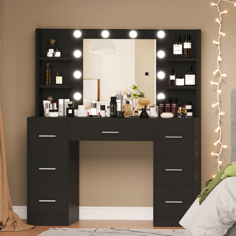 Coiffeuse avec lumières, table de maquillage avec 7 tiroirs et tablette latérale Raafay, Black