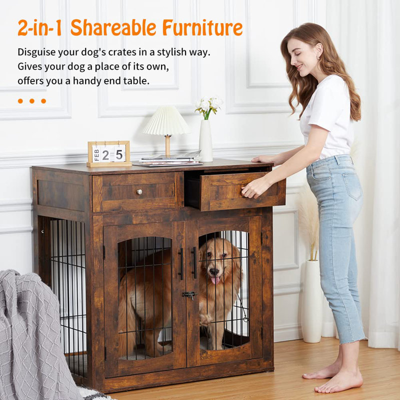 Brown Wooden Dog Crate Table with Drawers