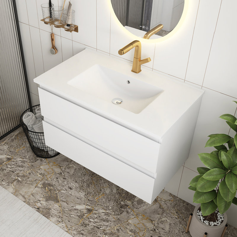 Meuble-lavabo blanc brillant 31 po avec lavabo en céramique, armoire avec 2 grands tiroirs, système de fermeture en douceur