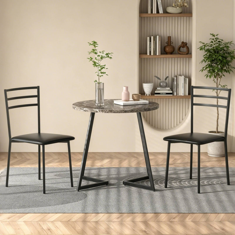 Kilwin 3-Piece Round Dining Set, Marble Brown/Black