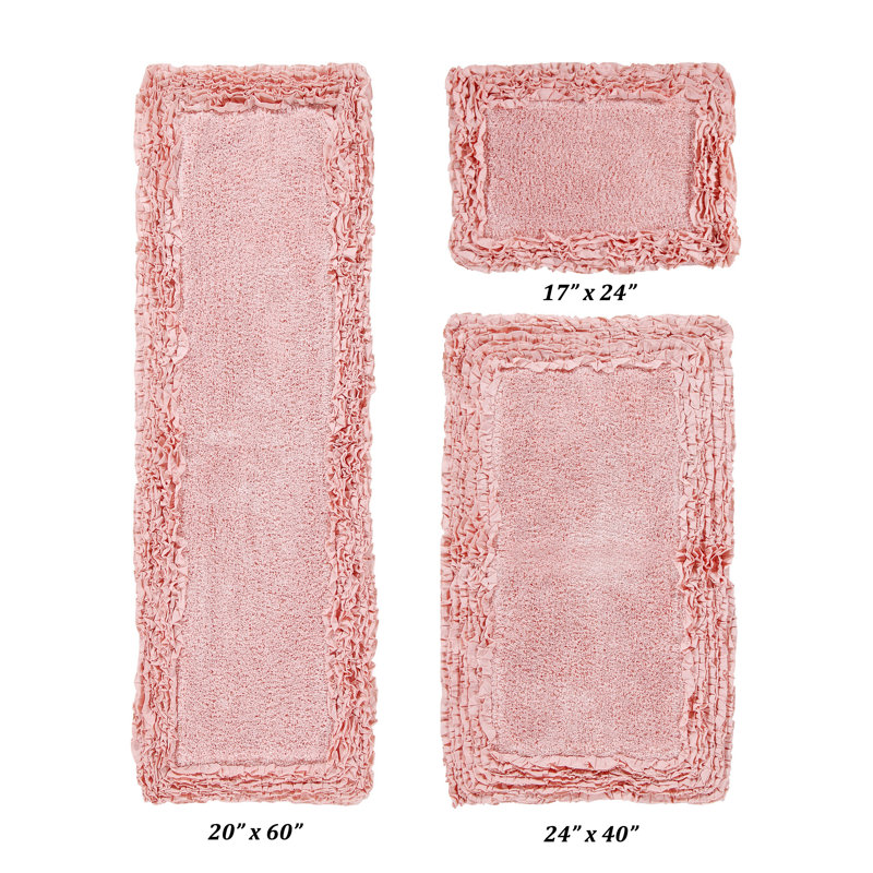 Ensemble de tapis pour salle de bain 100% coton 1775 g / m² 3 pièces Courson, certifié OEKO-TEX®, envers en latex antidérapant, motif de volants touffetés moelleux, super absorbant, tapis de salle de bain lavables à la machine, rose