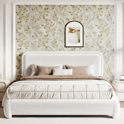 Boucle Bed Frame with Adjustable Headboard, Upholstered Bed Frame with Soft Rounded Corners, No Box Spring Needed/Easy Assembly/Noise Free