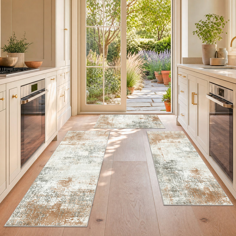 Ensemble de tapis de cuisine antidérapant, tapis de sol abstrait lavable et imperméable, Doré / Blanc