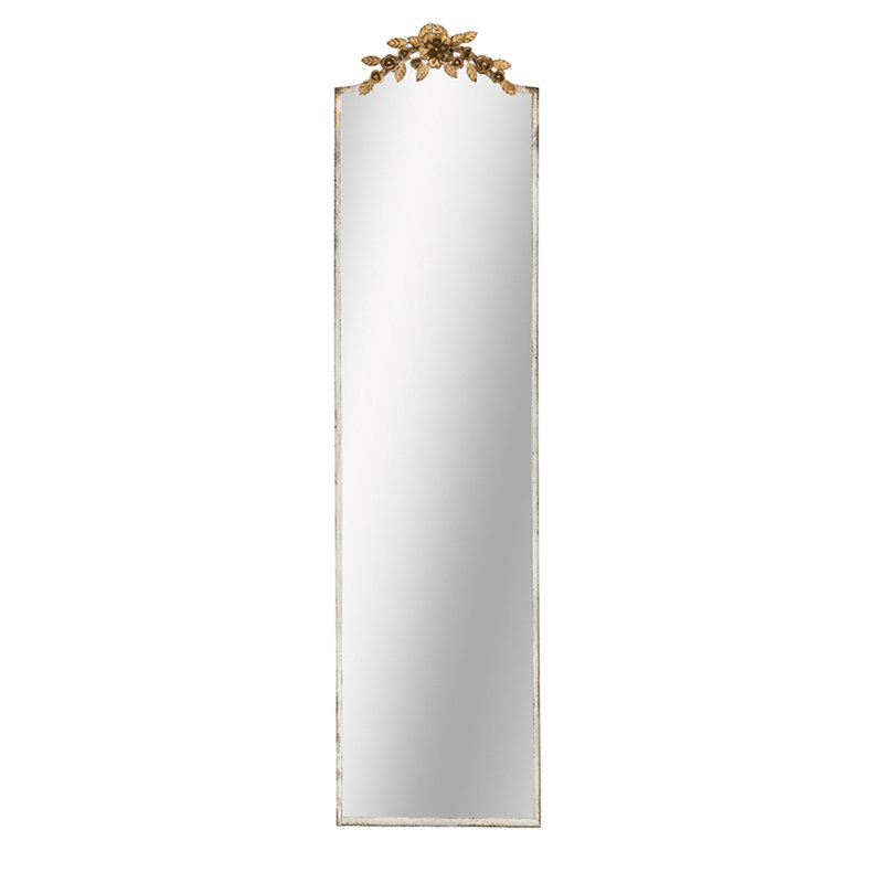 Superbe miroir rectangulaire avec cadre délavé et délicate couronne florale dorée éblouissante pleine bordure ornée