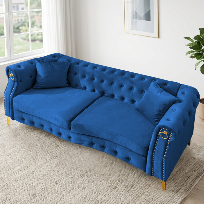 83.5'' Comfort Tufted Velvet Sofa with Wooden Frame, Blue