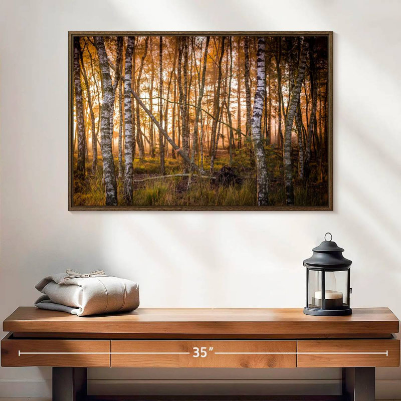 Forêt de bouleaux sombre, Cadre flottant blanc, 37 po x 25 po