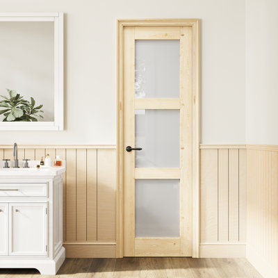 Dalle de porte intérieure en bois de pin et verre givré 24 po x 80 po 3-Lite, bois de pin noueux naturel prêt à teindre, panneau de porte sans trou ou charnières, comme porte de grange ou porte prémontée ou porte de poche ou dalle de porte française Porte de garde-manger, porte de buanderie, porte de chambre à coucher