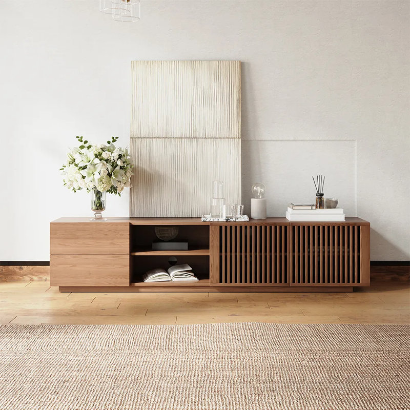 Meuble télé Mid-Century moderne, entièrement assemblé, Brun, H 19,69 po x L 15,75 po x l 94,48 po