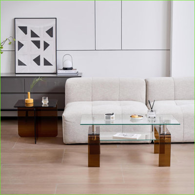 Table basse en verre trempé à 2 niveaux pour le salon, facile à nettoyer et amp; Gain de place avec des pieds bruns