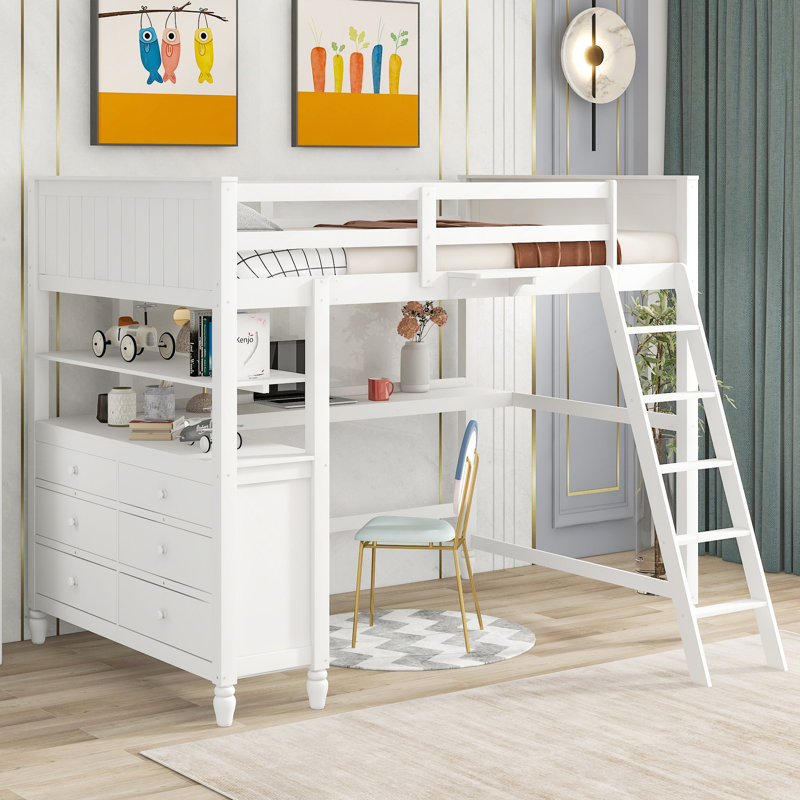 Lit mezzanine double en bois avec tiroirs, Blanc