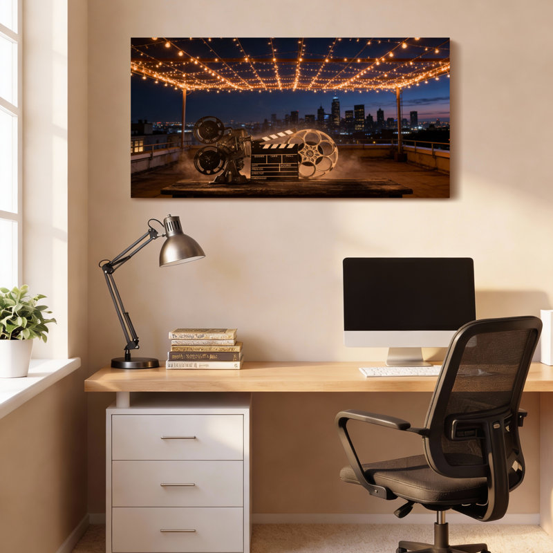Movie Projector And Clapperboard Under String Lights Canvas Wrapped Wall Art Cityscape Background Night Scene Decor (Set Of 1)