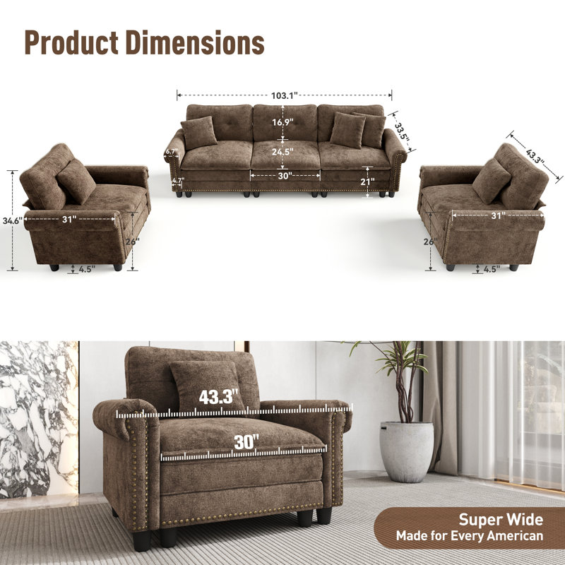 Ensemble de canapé modulaire rembourré 3 pièces avec garniture cloutée, ensemble de canapé surdimensionné avec canapé et fauteuils