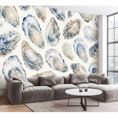Wall Mural Peel and Stick Wallpaper Seamless Watercolor Oyster Shell Neutral Blue Tones Self-Adhesive Removable Contact Paper Wall Decor for Living Room Bedroom 100"H x 144"W
