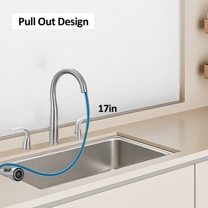 High Arc Kitchen Sink Faucet Kitchen Faucet 3 Holes With Pull Down Spray Head, 2 Handles With 3 Function Spray Heads, Stainless Steel