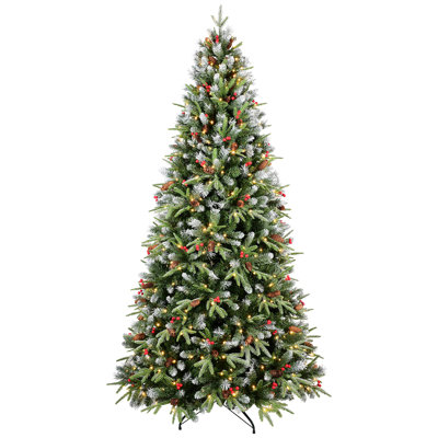7FT Christmas Tree With 450 Warm LED Lights – 2178 Snow-Tipped PE+PVC Branches, Berries & Pine Cones, Hinged Design, Stable Metal Stand – Realistic Holiday Decoration