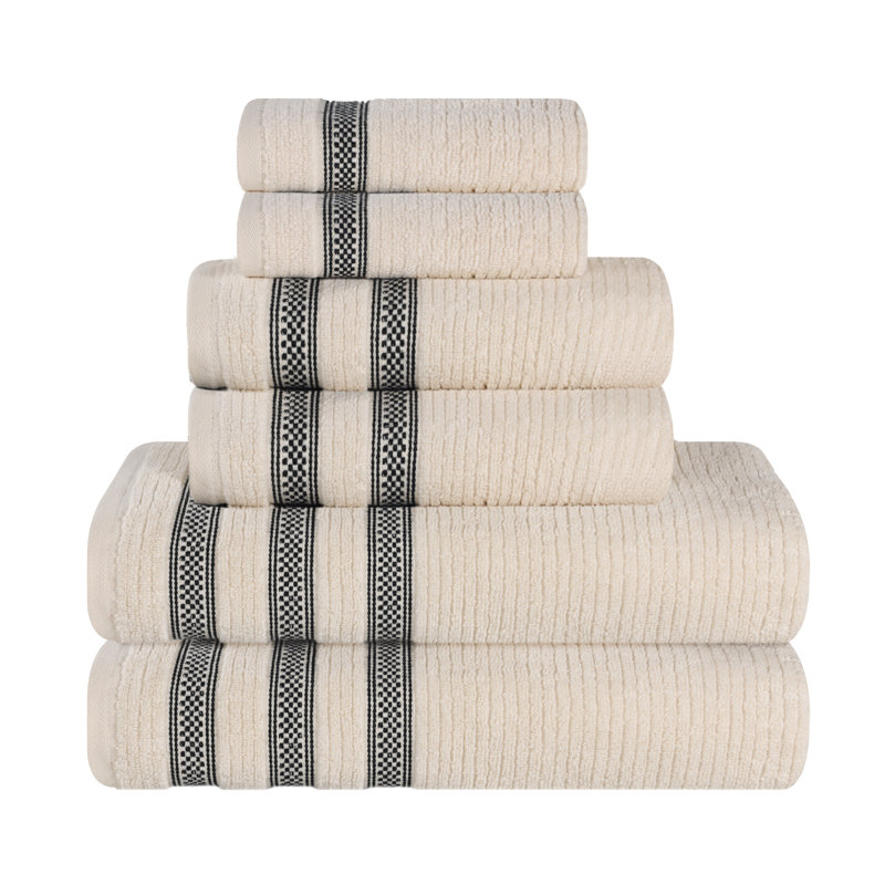 Ilseruth Zero Twist Cotton Ribbed Modern Geometric Border Soft 6 Piece Bathroom Towel Set, Ivory