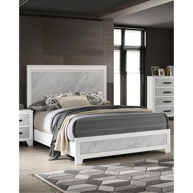 Lit très grand contemporain blanc de style oriental: tête de lit à panneau en faux marbre, structure en bois d'hévéa, pièce de chambre de luxe