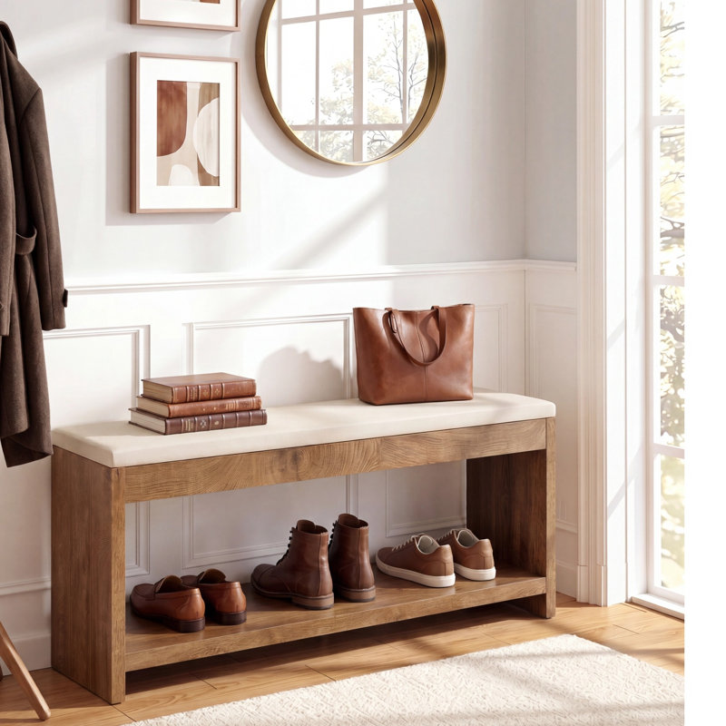Banc de rangement pour chaussures en bois 55,1 pouces avec siège rembourré et tablette de rangement pour chaussures