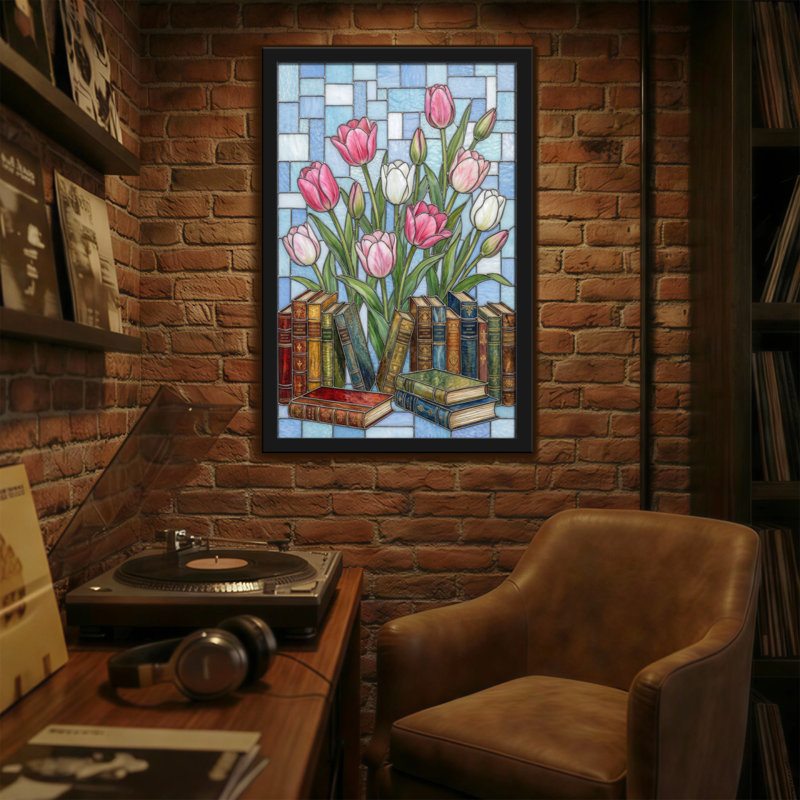 Plantes et fleurs, tulipes, livres, vitrail, art