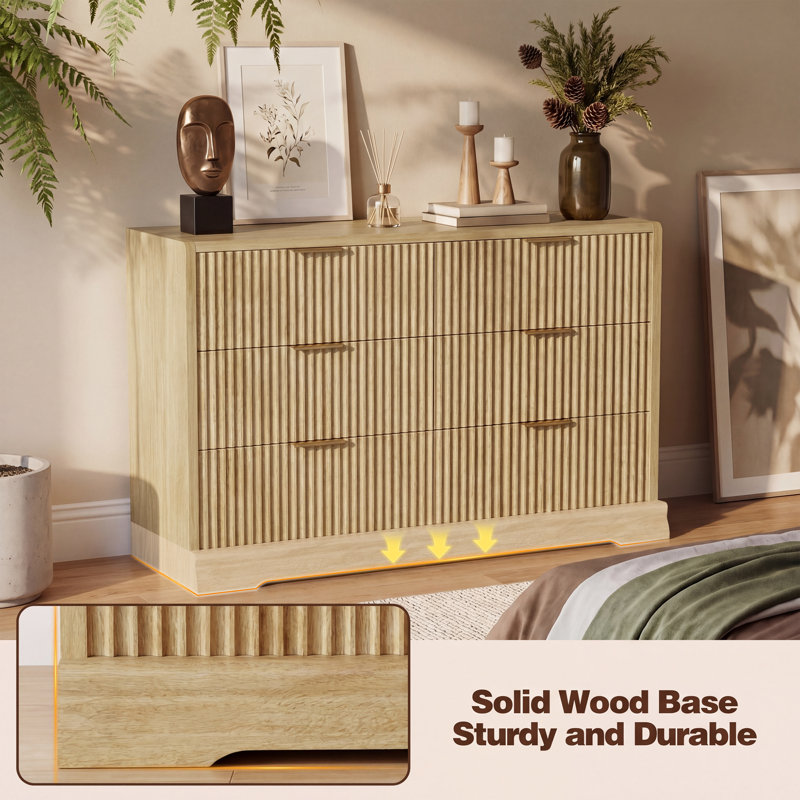 Fluted 6-Drawer Dresser with Solid Wood Base, Beige