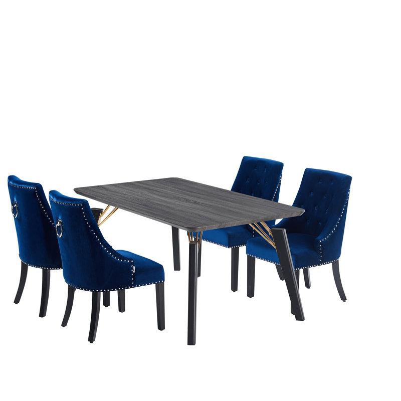 Paulus 4 Person Dining set - a Rectangular Extendable Dining Table with Metal Legs and a Set of 4 Quilted Ring Knocker Velvet Dining Chairs for Dining Room - Modern Dining Table Set