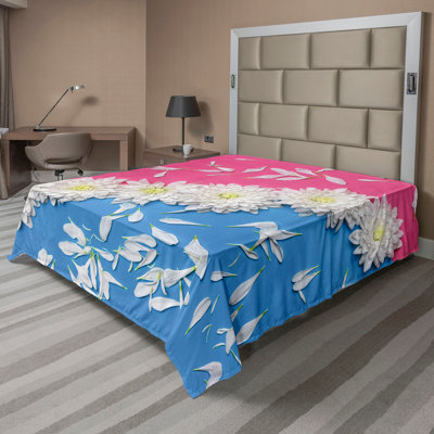 Ambesonne avec dessus plat à motif floral et impression de chrysanthème rose et bleu ciel profond