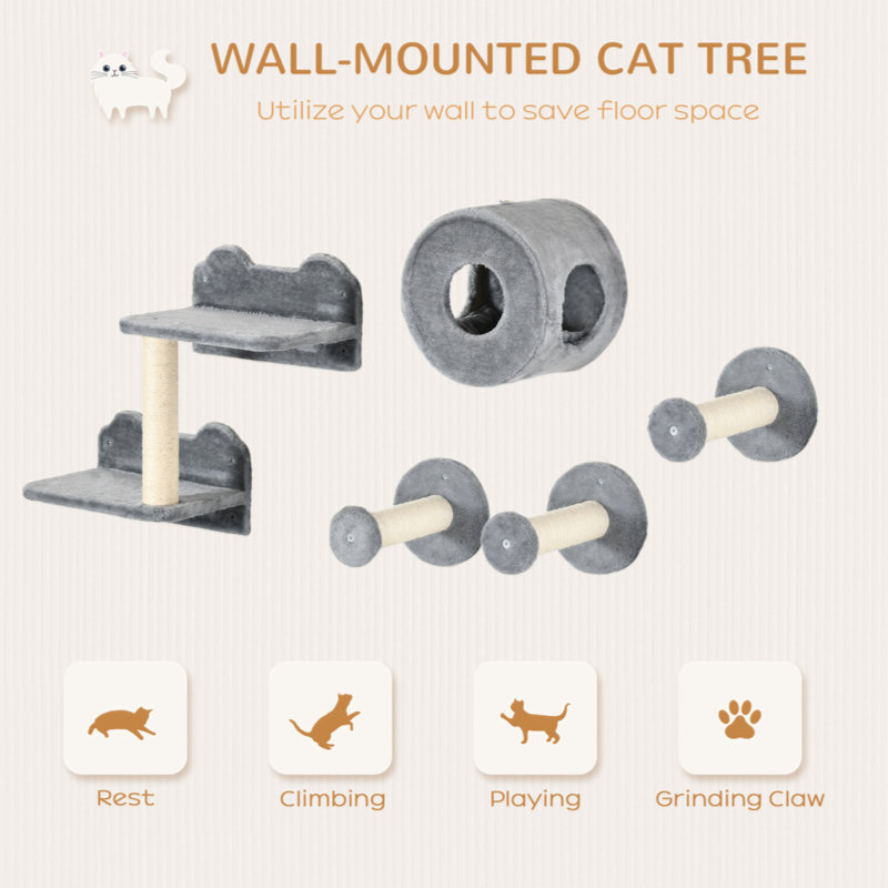 Elephant Grey Wall-Mounted Cat Tree with Sisal Scratching Posts