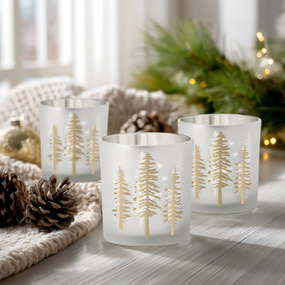 Frosted Silver & Gold Woodland Pine Glass Hurricane Candle Holders – Set of 3
