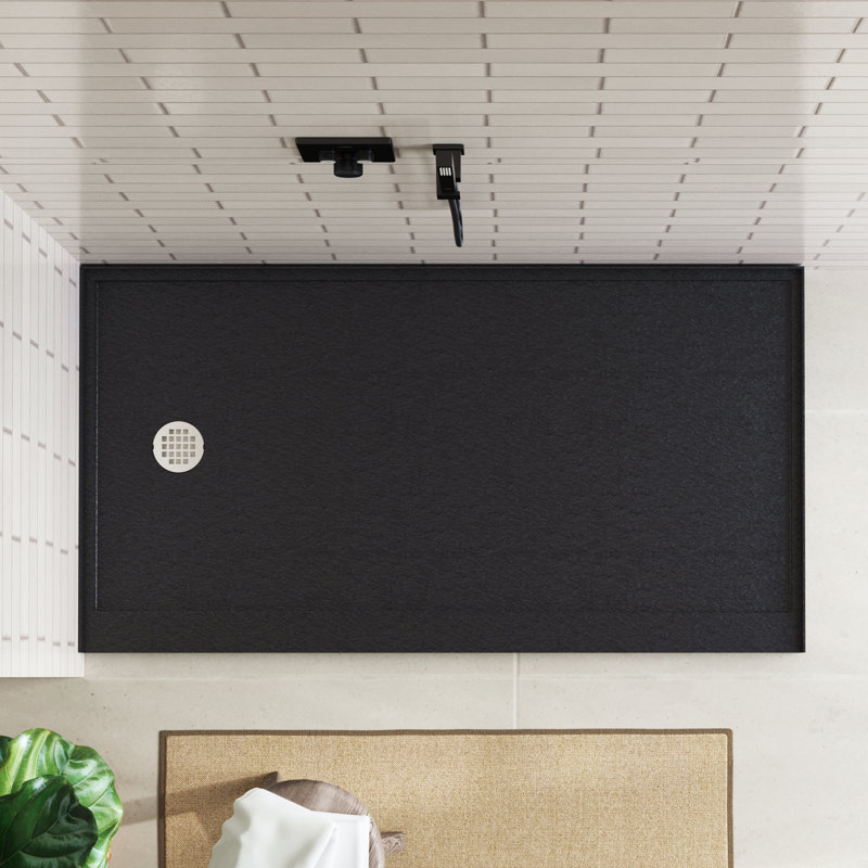 60"x32" Black Shower Base With Round Drain - Frpu + Artificial Stone, Textured Surface, Left