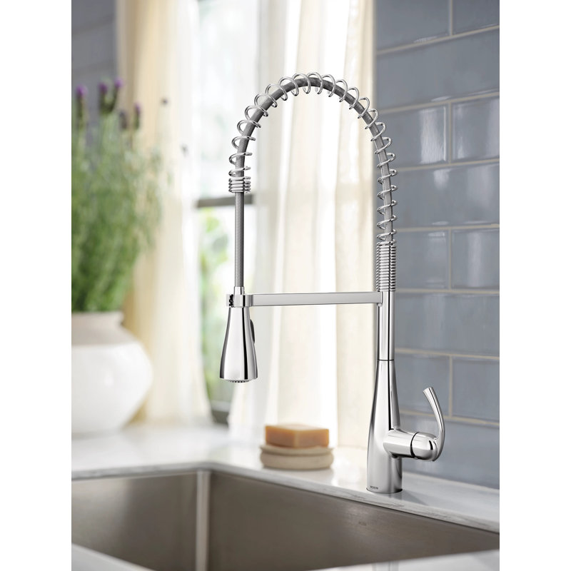 Moen Essie Pre-Rinse Spring Pull Down Single Handle Kitchen Faucet with Power Clean Technology and Soap Dispenser, Chrome