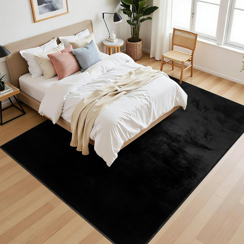 Silky Soft Faux Rabbit Fur Area Rug, Rectangle 6' x 9', Black