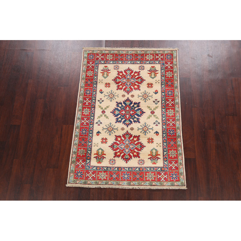 Tapis beige en laine noué à la main de conception unique 4 pi x 5 pi 8 po