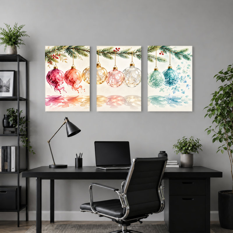 "Aquarelle", ensemble de 3 toiles de Noël suspendues au pin, 48"W x 24"H Overall - 3 Panels