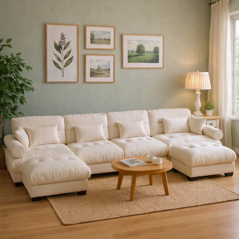 Canapé modulaire surdimensionné en U avec repose-pieds en velours 166 et 166 places 166 pouces, crème, Crème, crème